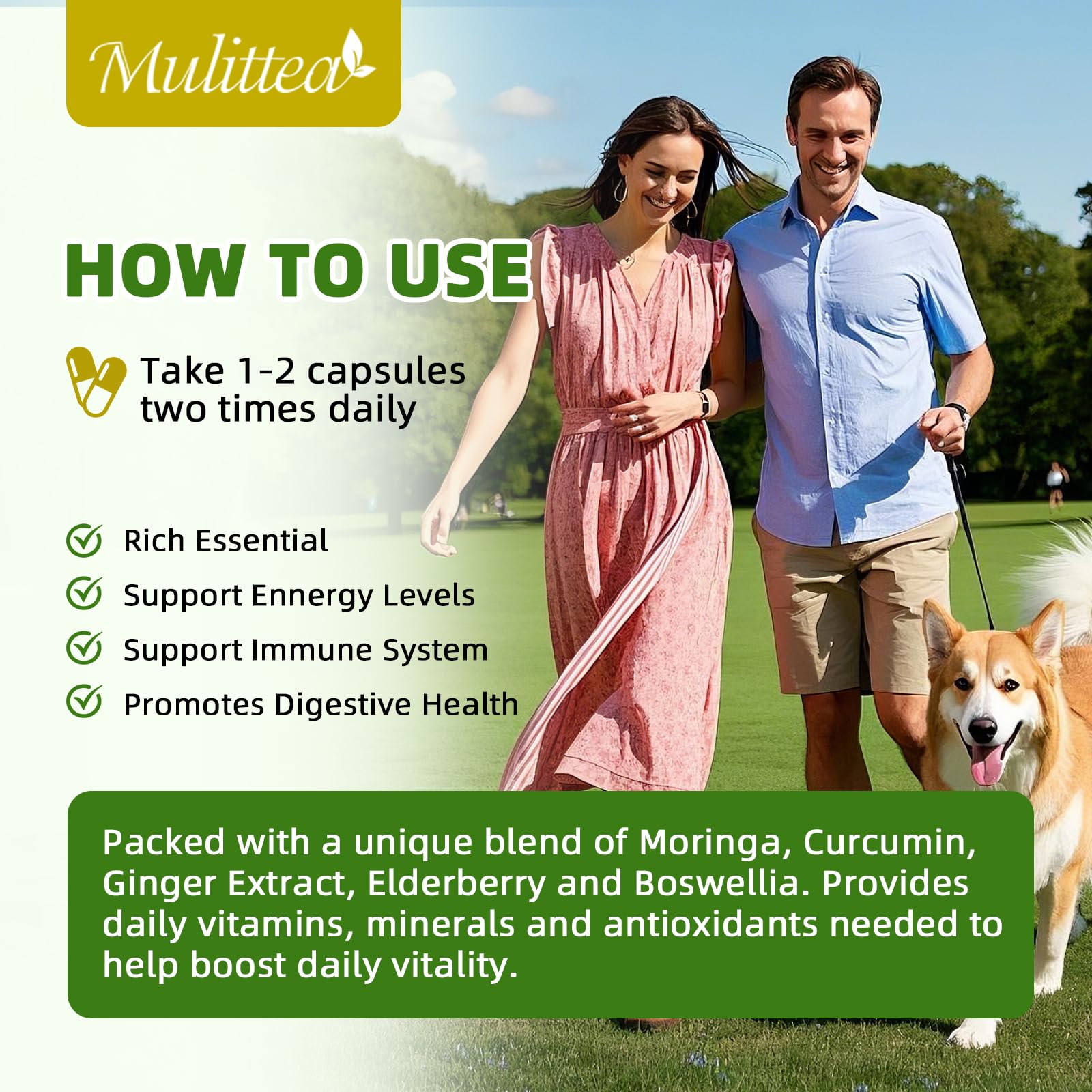 Mulittea Moringa capsules with scoop for easy daily dosage