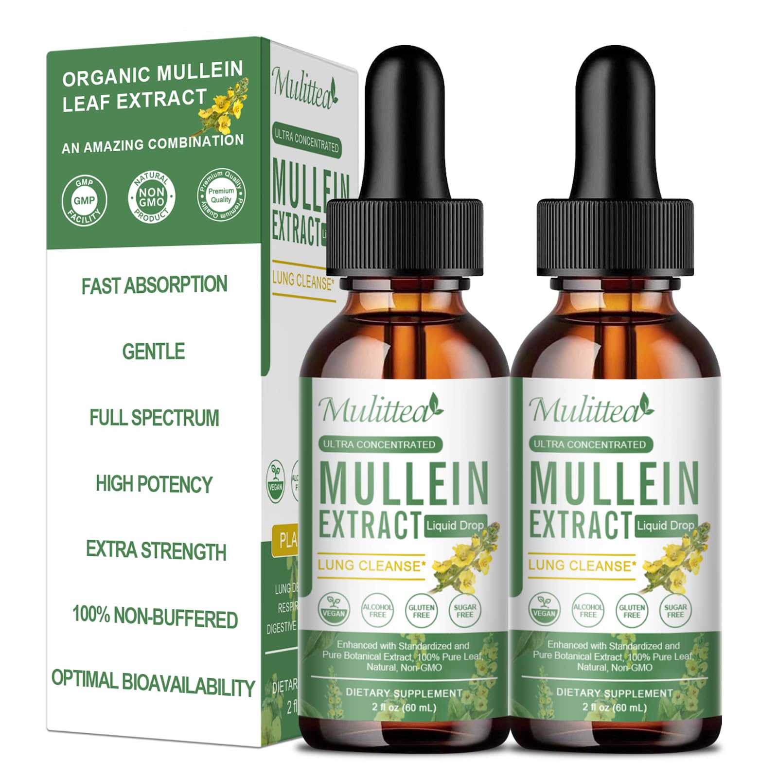 Mulittea Mullein Drops bottle front view highlighting vegan, alcohol-free formula for lung support.