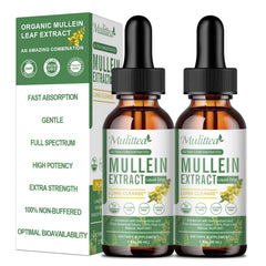 Mulittea Mullein Drops bottle front view highlighting vegan, alcohol-free formula for lung support.