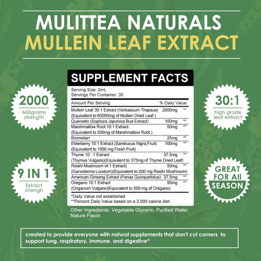 Mulittea Mullein Drops bottle side view showing compact 4 oz packaging for daily use.