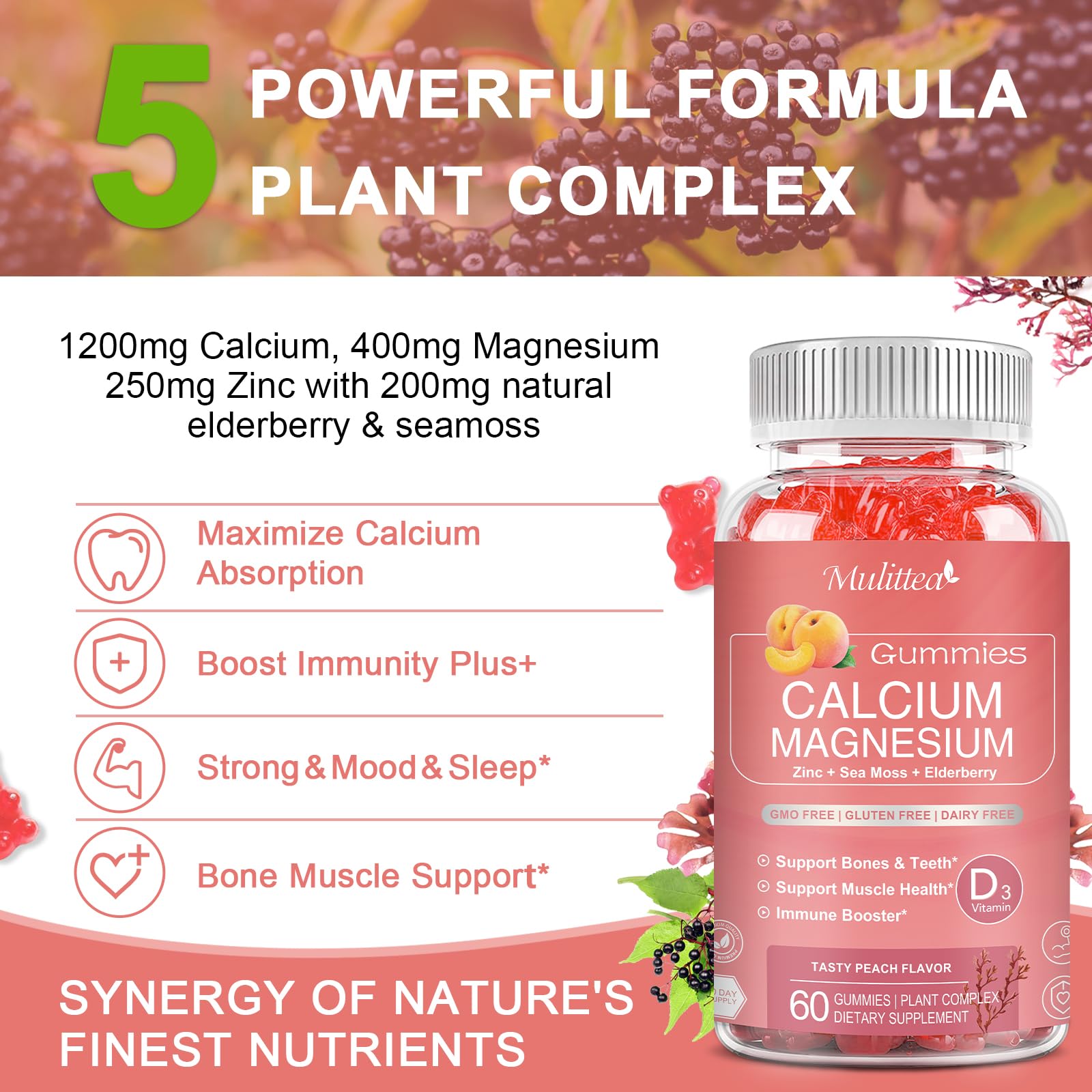 Display of Mulittea Plan Calcium Gummies with immune support theme