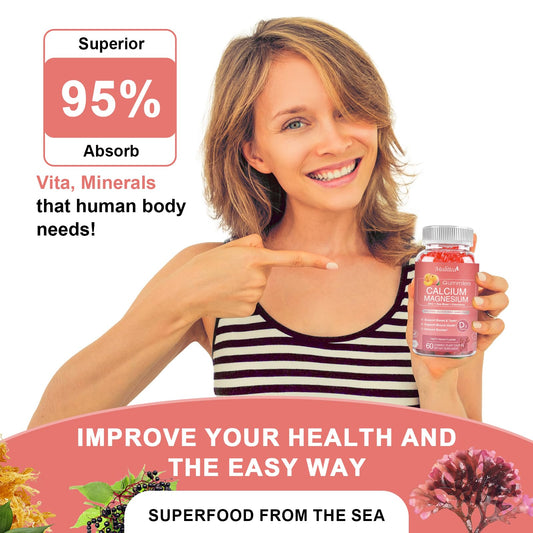 Ingredients close-up in Mulittea Plan Calcium Gummies emphasize plant-based minerals