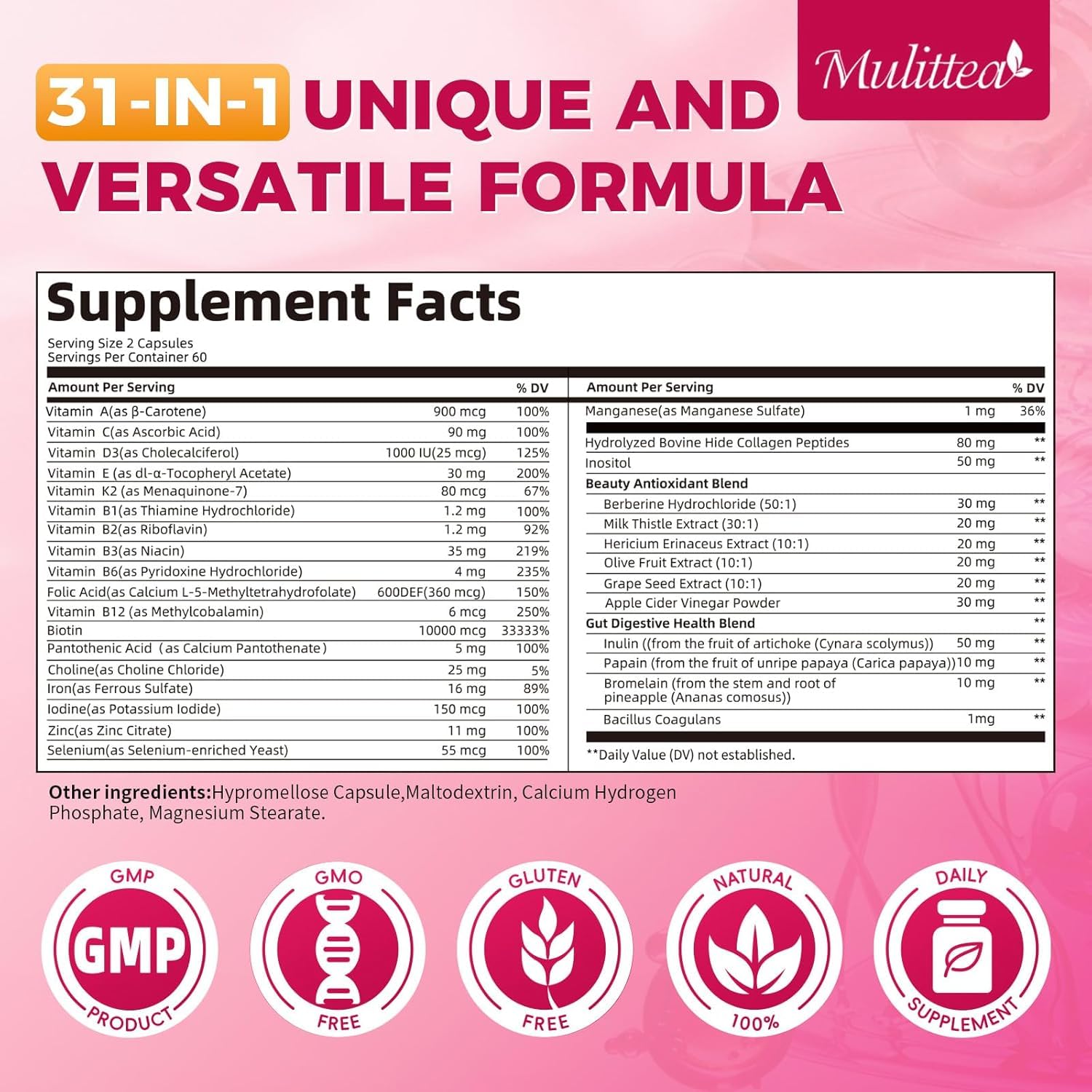 Mulittea bottle back shows supplement facts for women