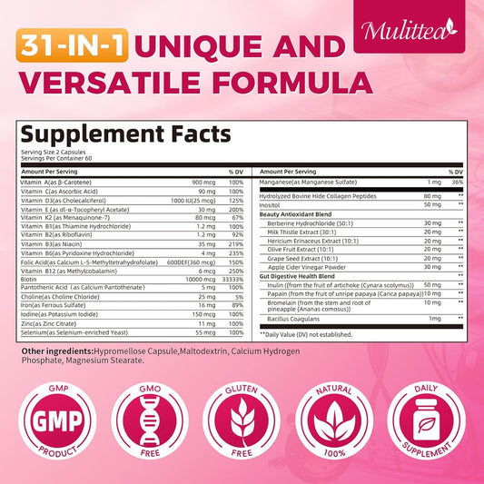 Mulittea bottle back shows supplement facts for women
