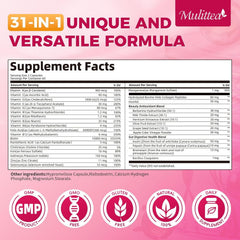 Mulittea bottle back shows supplement facts for women