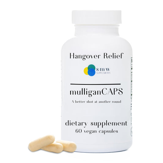 Mulligan Caps pre-celebration bottle and capsules ready for your night prep.