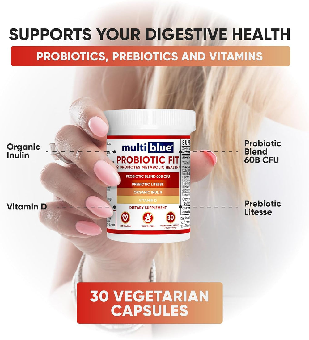 MultiBlue Probiotic Fit on breakfast table ready to take with meal.