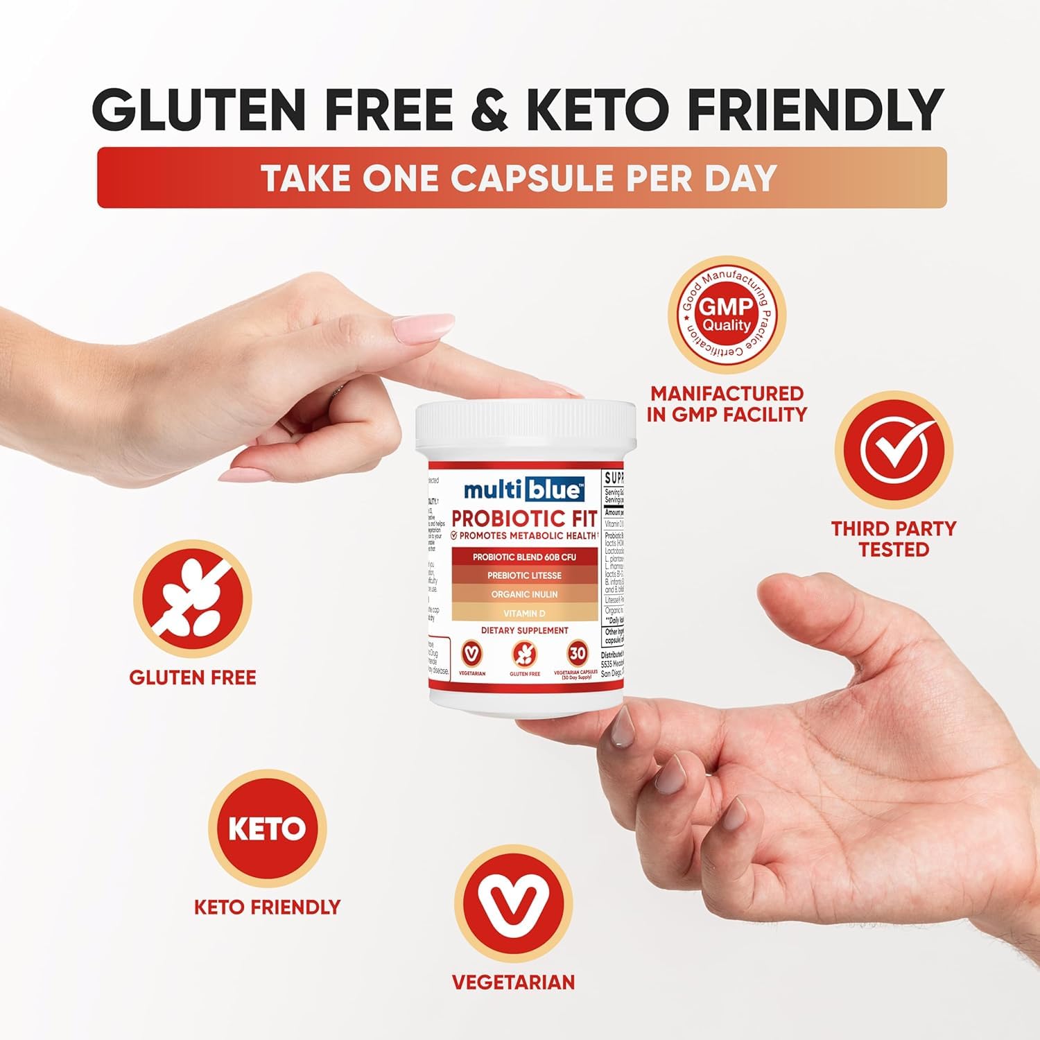 MultiBlue Probiotic Fit capsules beside bottle illustrate easy daily regimen.