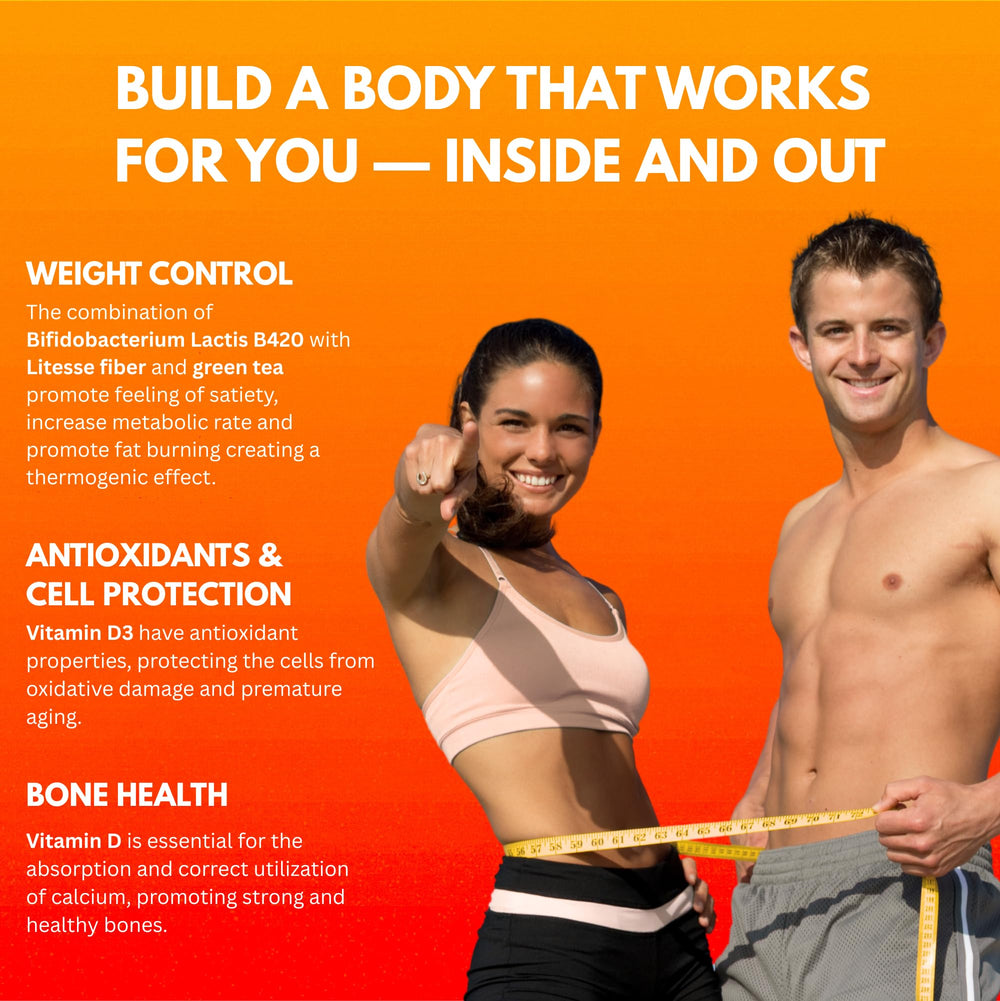 MultiBlue Probiotic Fit label detail highlights non-GMO and vitamin D3.