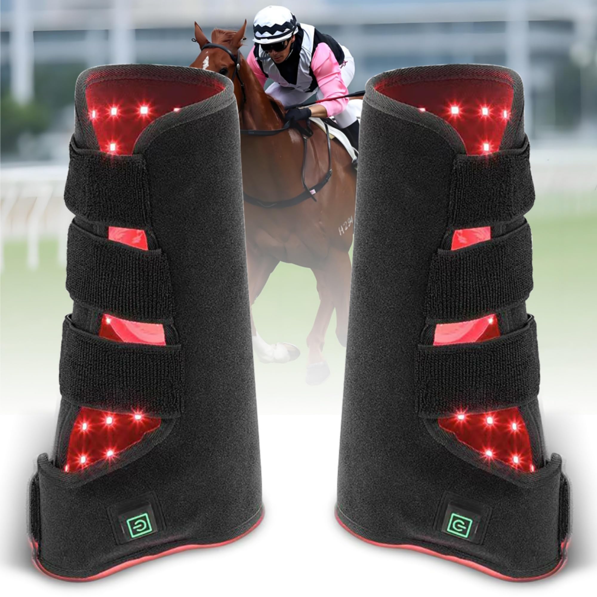 MUMAIS horse red light therapy boot front view with dual wavelengths for deeper reach