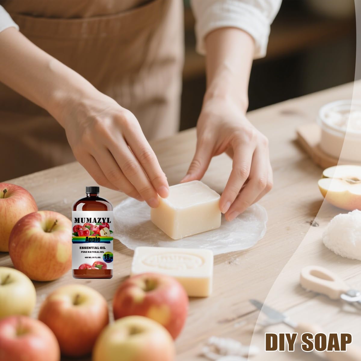 MUMAZYL Apple essential oil in bath bomb crafting setup