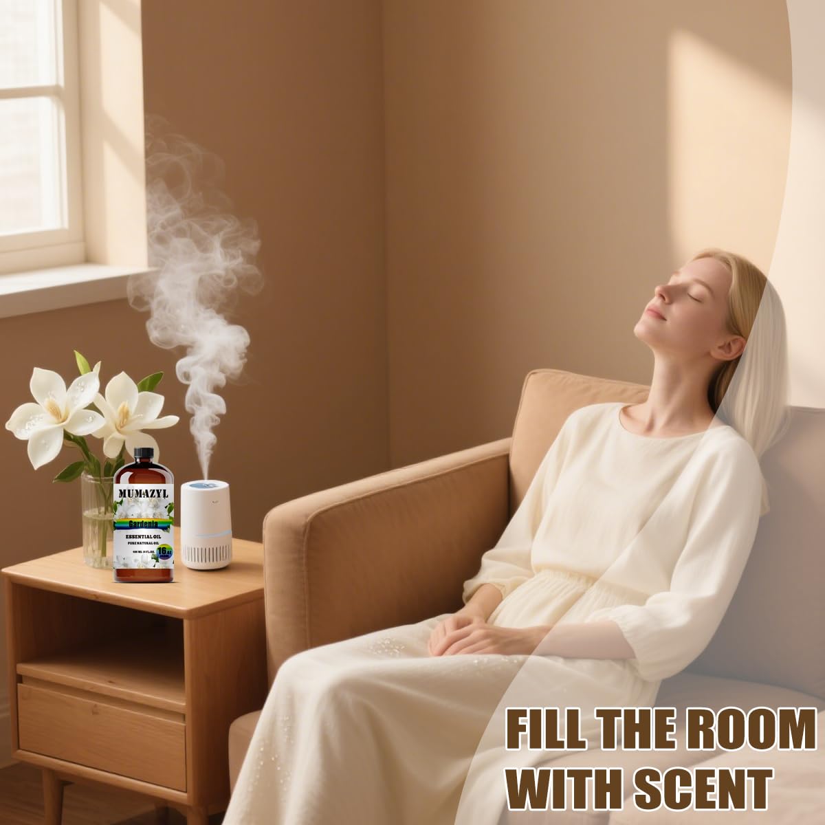 MUMAZYL Gardenia oil beside a diffuser creates a fresh floral ambience in a living space.