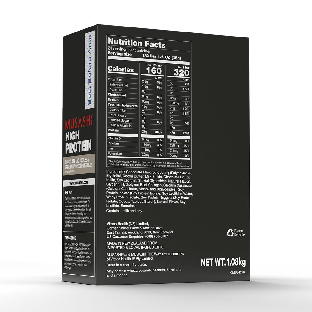 MUSASHI High Protein Bar 45g protein side view, high-protein fueling option.