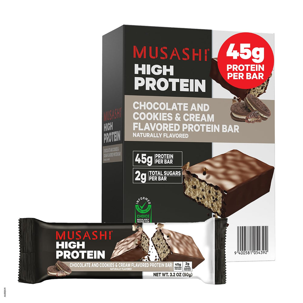 MUSASHI High Protein Bar cookies-cream front view, flavorful option for on-the-go fuel.