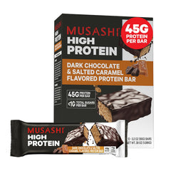 MUSASHI High Protein Bar pack in dark chocolate and salted caramel.