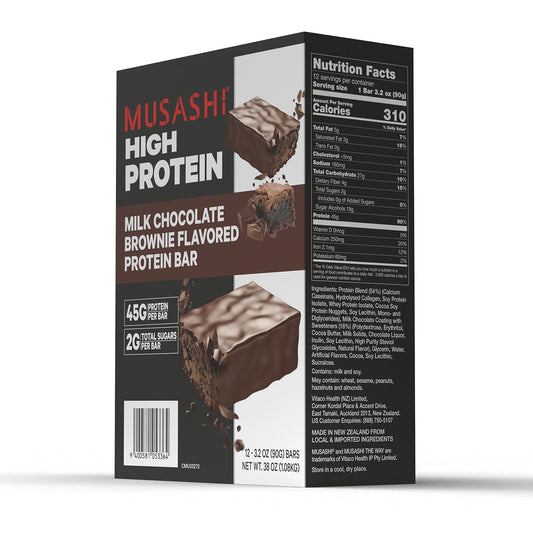 Musashi High Protein Bar nutrition facts highlight 45g protein per bar.