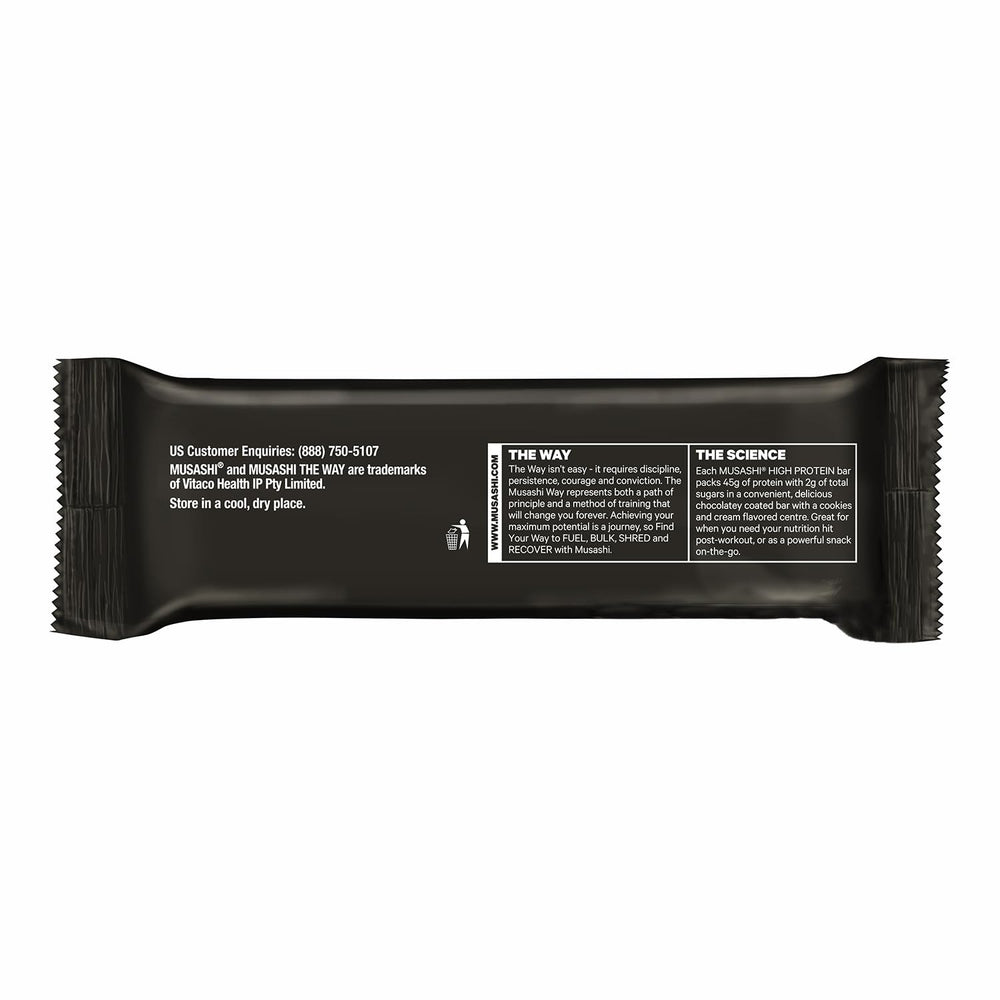 MUSASHI High Protein Bar on-the-go snack, ideal post-workout fuel.