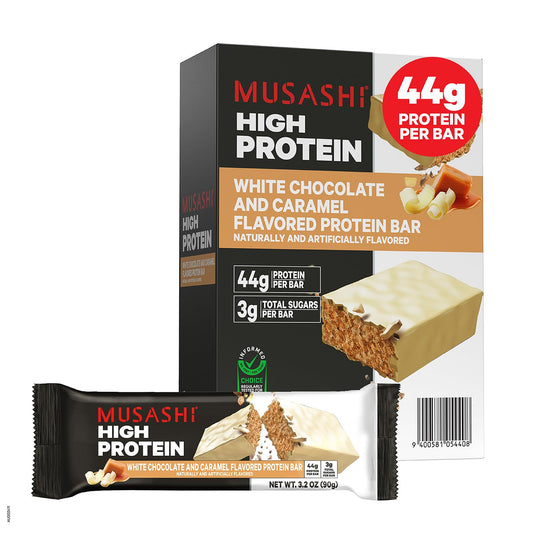 Musashi High Protein Bar packaging front highlighting 45g protein for athletes on the go