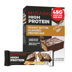 MUSASHI high-protein bar with peanut butter and milk chocolate in a pack for on-the-go nutrition
