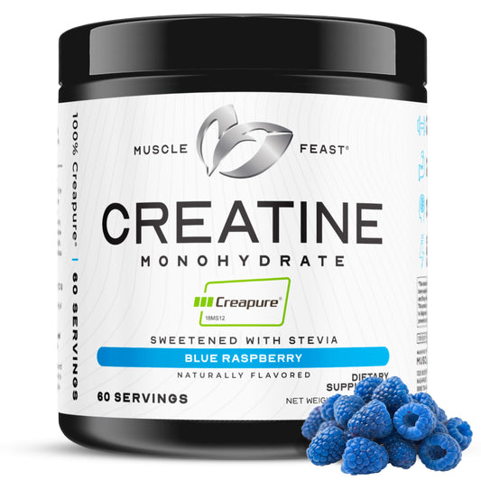 Muscle Feast Creapure creatine monohydrate blue raspberry tub ready for workouts