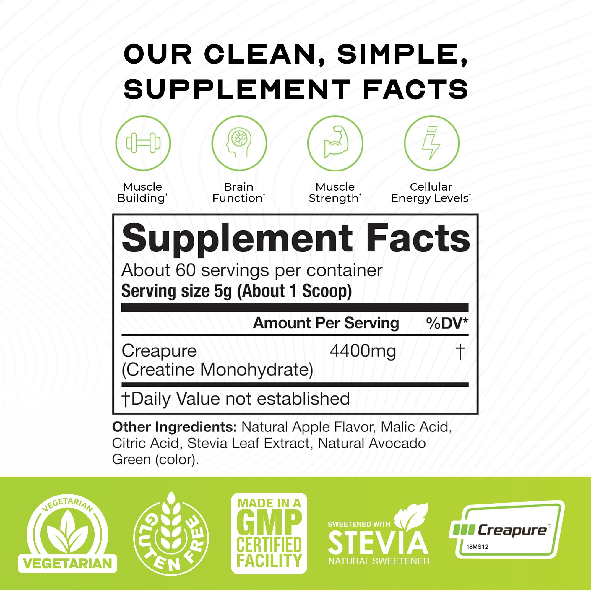 Muscle Feast Creapure label highlights pure German creatine monohydrate.