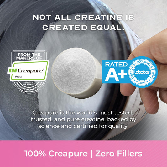 Muscle Feast Creapure creatine powder scoop highlights accurate serving and convenient dosing.
