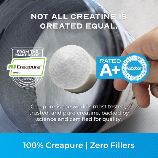 Muscle Feast Creapure powder with scoop shows easy daily dosing