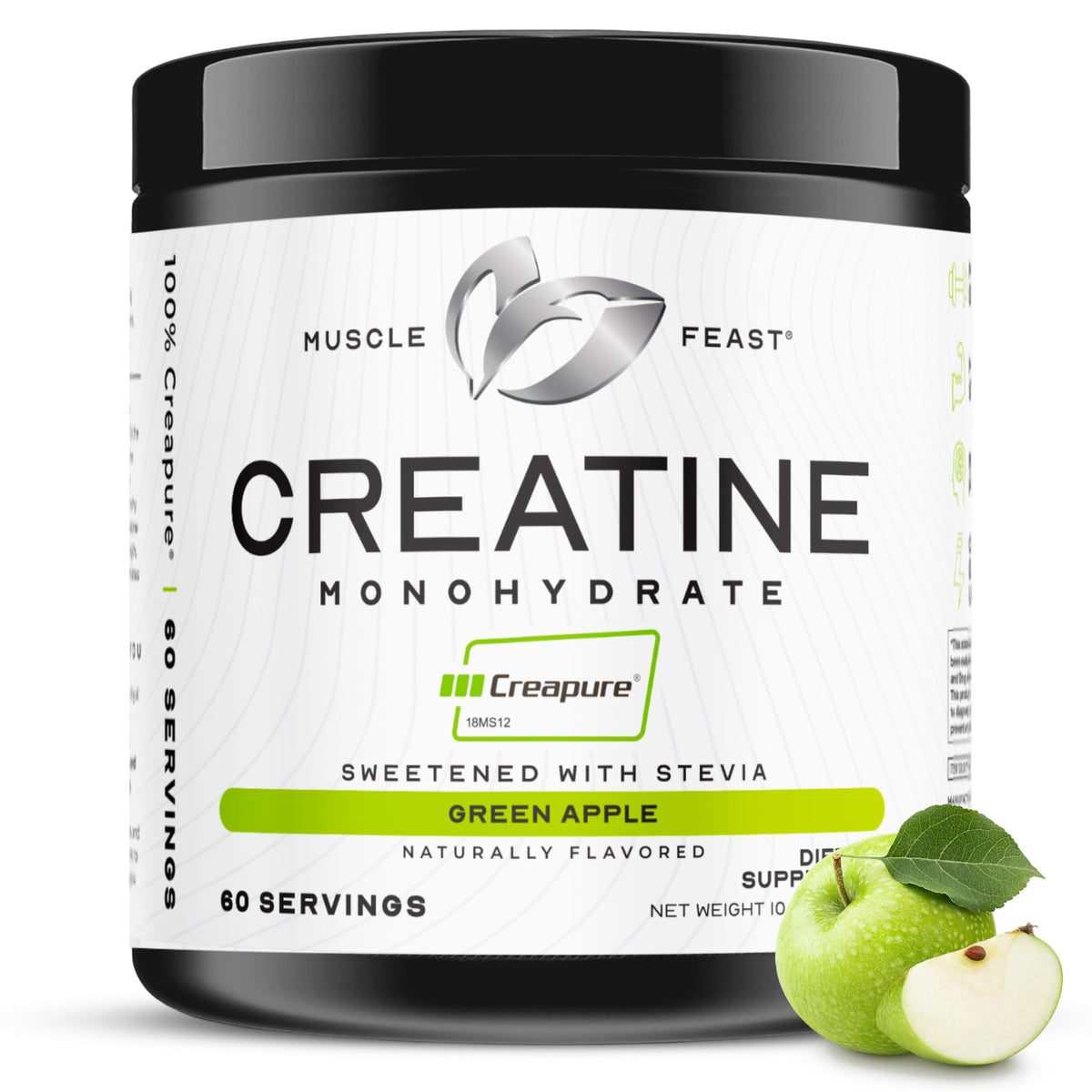 Muscle Feast Creapure creatine powder bottle boosts endurance during bursts.