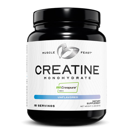 Muscle Feast Creapure Creatine powder bottle highlighting purity and convenience for workouts