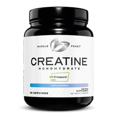 Muscle Feast Creapure Creatine powder bottle highlighting purity and convenience for workouts
