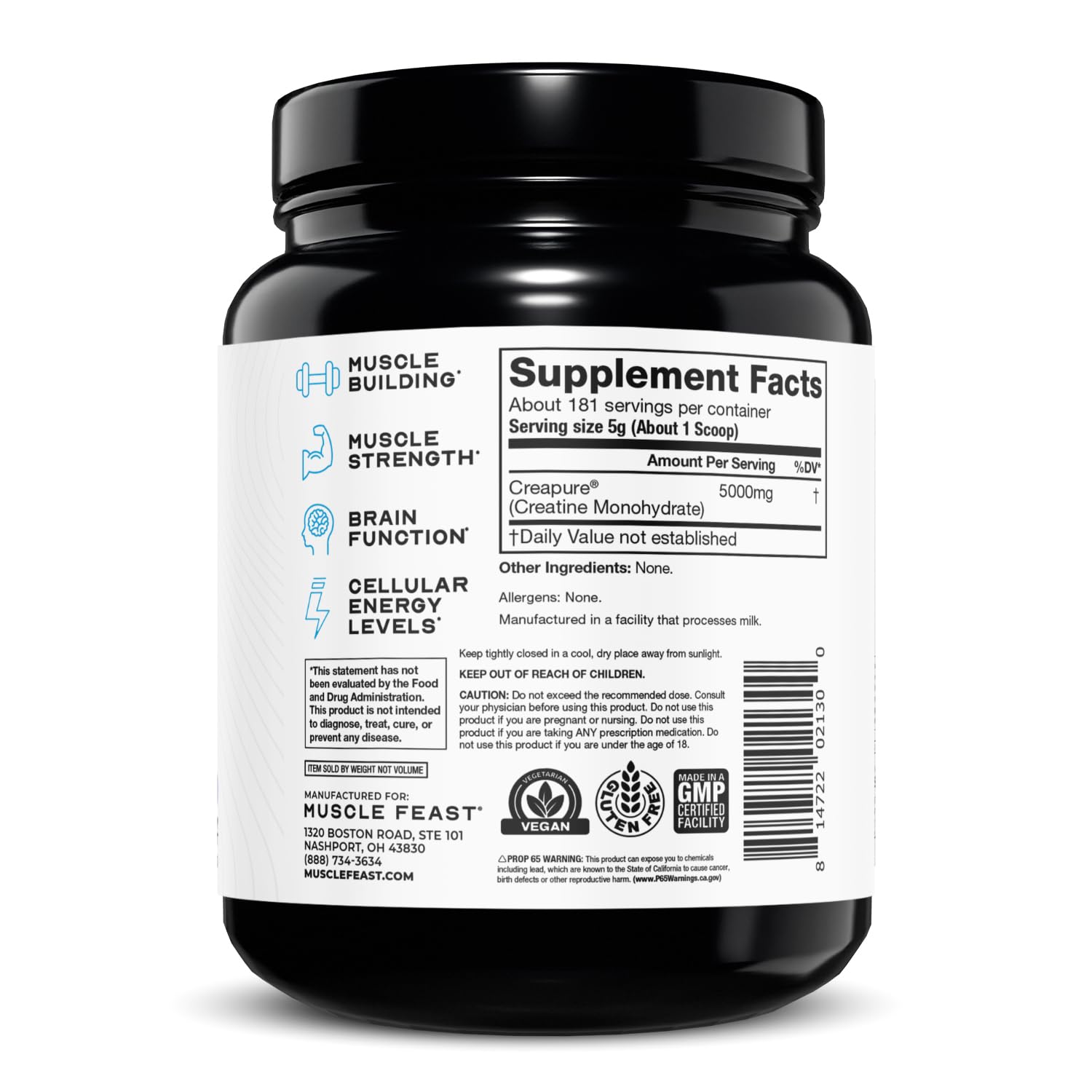 Muscle Feast logo on container reinforces trusted creatine brand