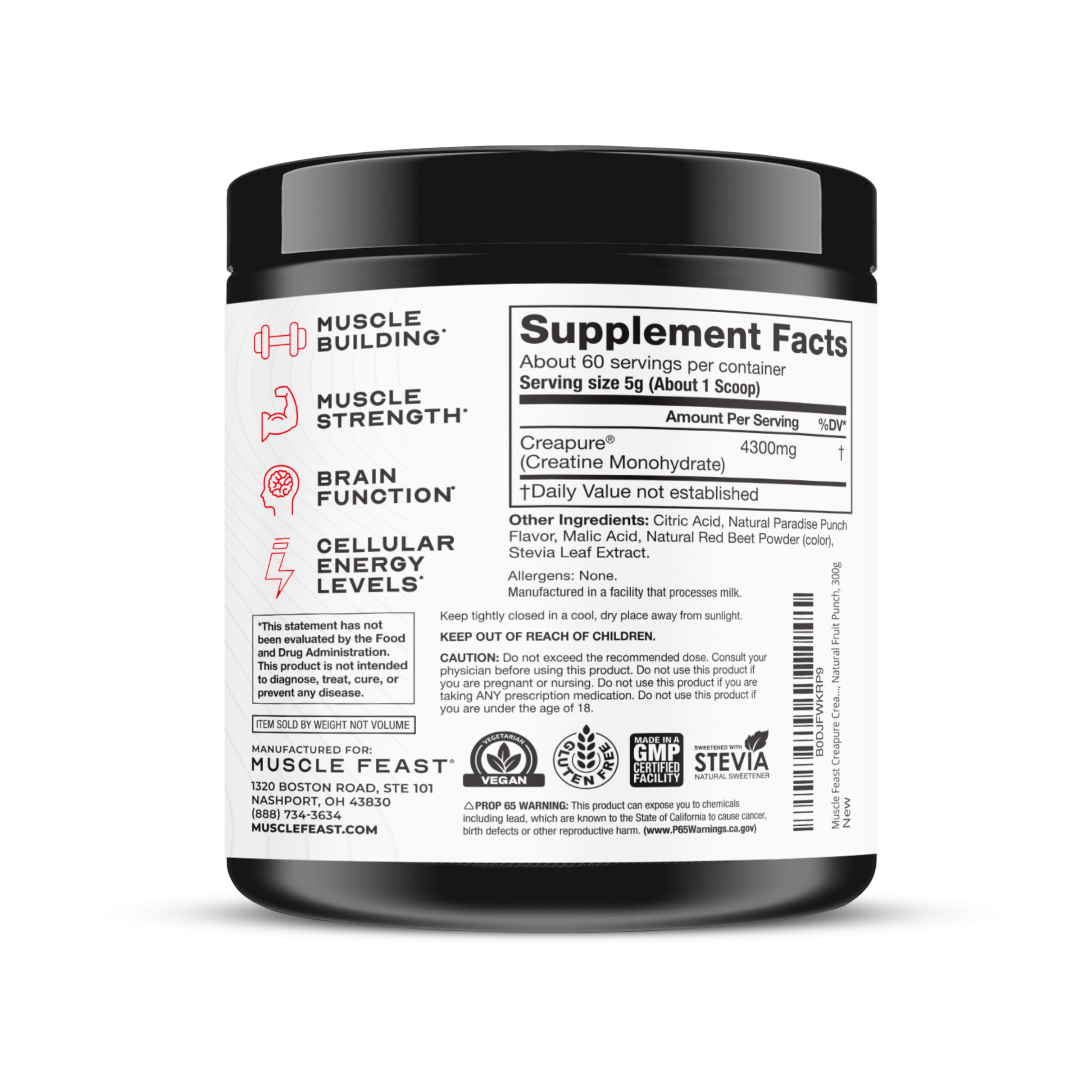 Muscle Feast Creapure scoop showing 60 servings per container