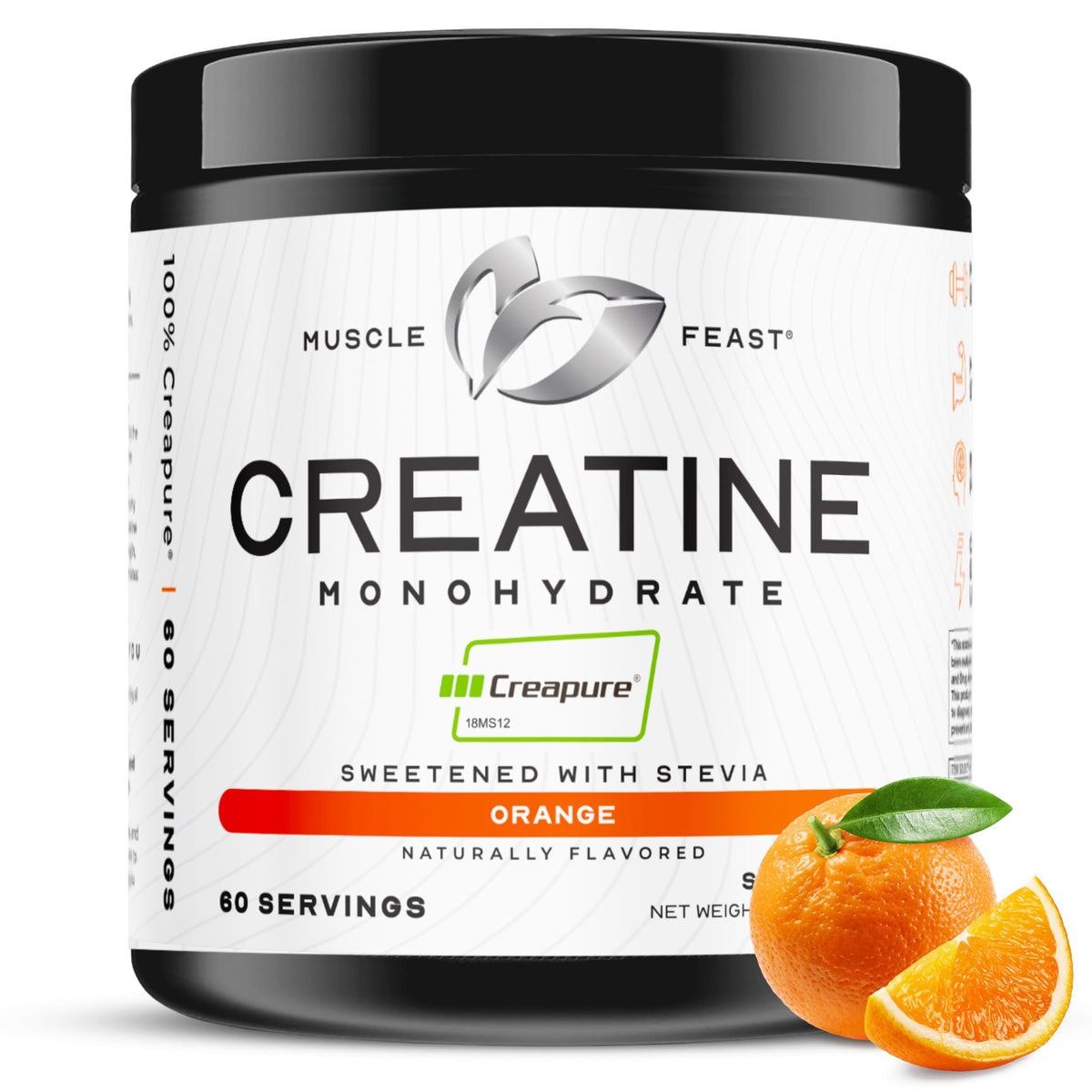 Muscle Feast Creapure powder in orange bottle for training energy.