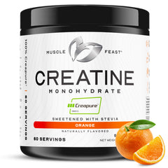 Muscle Feast Creapure powder in orange bottle for training energy.