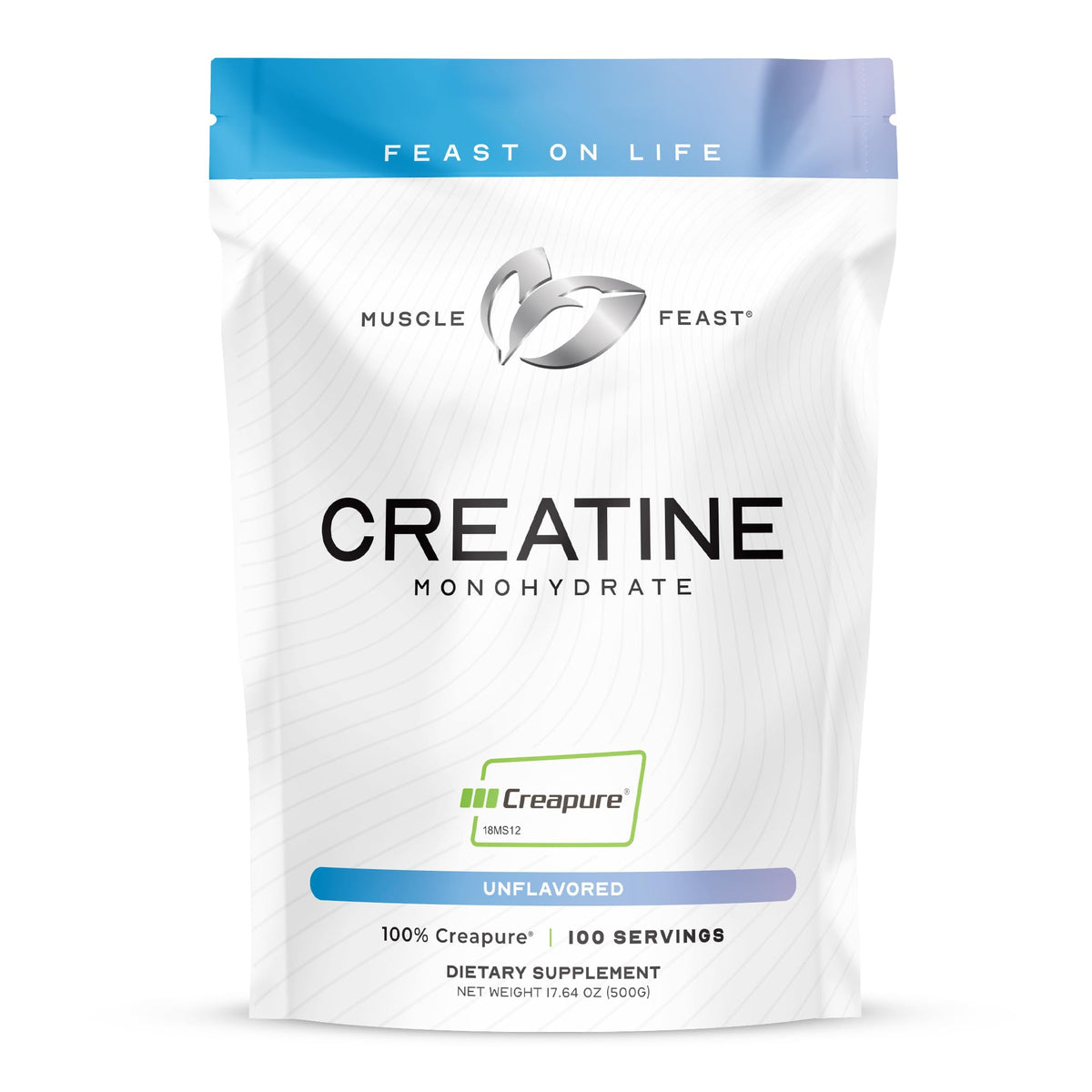 Muscle Feast Creapure Creatine Monohydrate tub front view for pure, keto-friendly support.