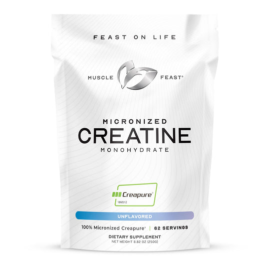 Muscle Feast Creapure micronized creatine powder front label for high-intensity workouts.