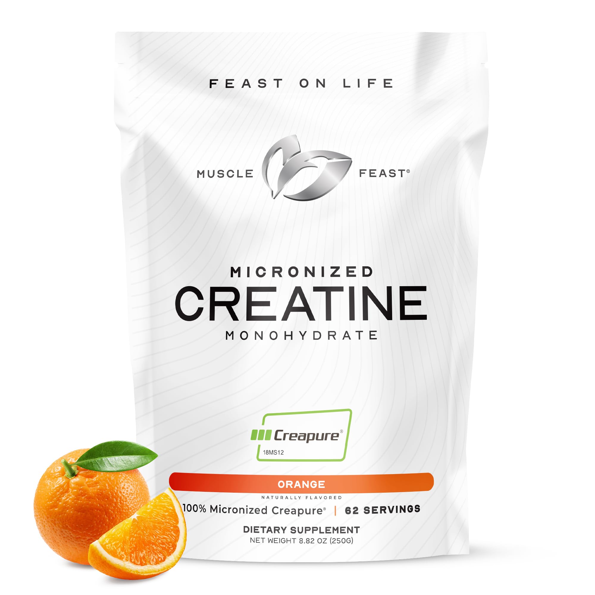 Muscle Feast Creapure micronized creatine powder jar showing German-made purity and easy mixing.