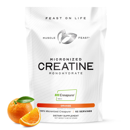 Muscle Feast Creapure micronized creatine powder jar showing German-made purity and easy mixing.