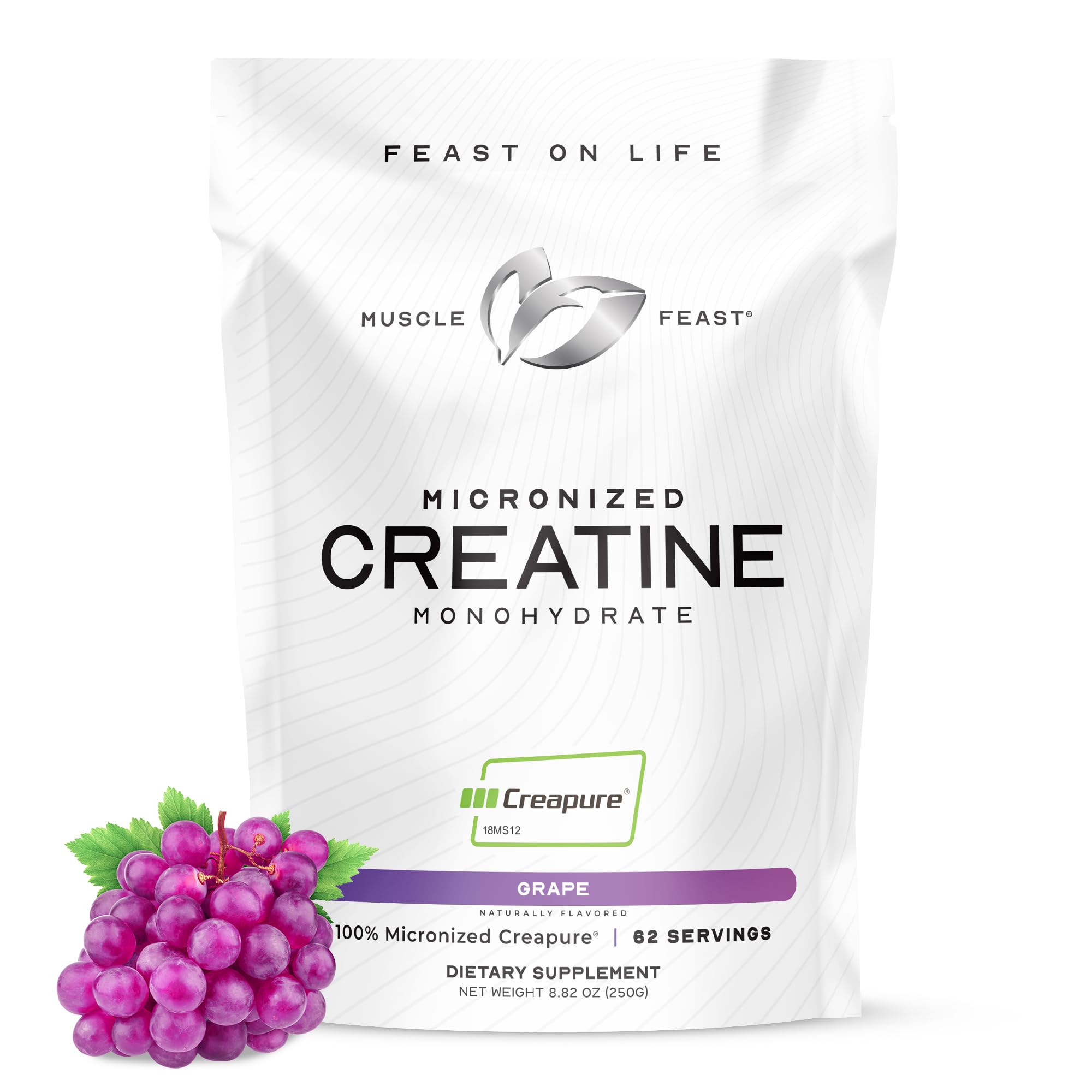 Muscle Feast Creapure powder jar highlights pure creatine for consistent workouts.