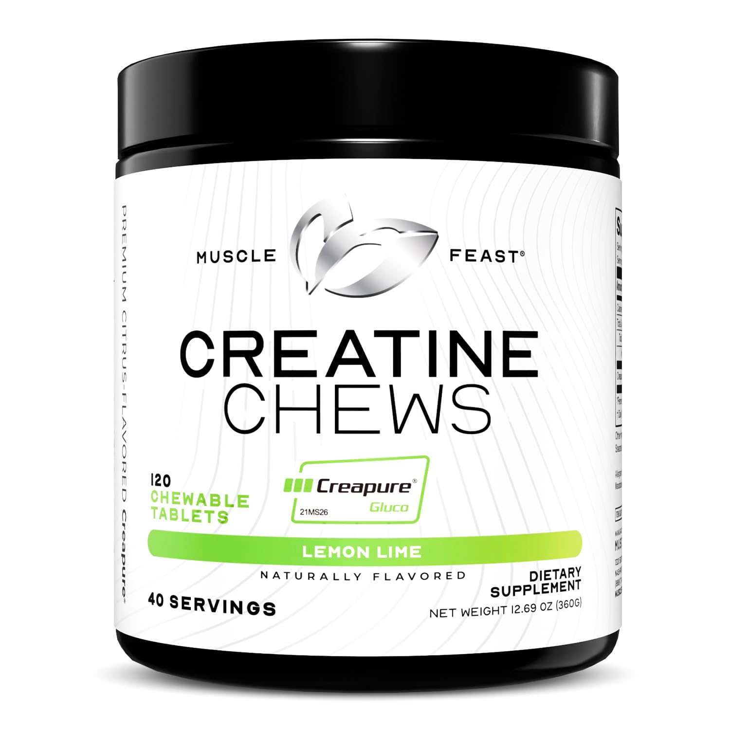 Muscle Feast creatine chews lemon-lime bottle front view for easy pre-workout fueling