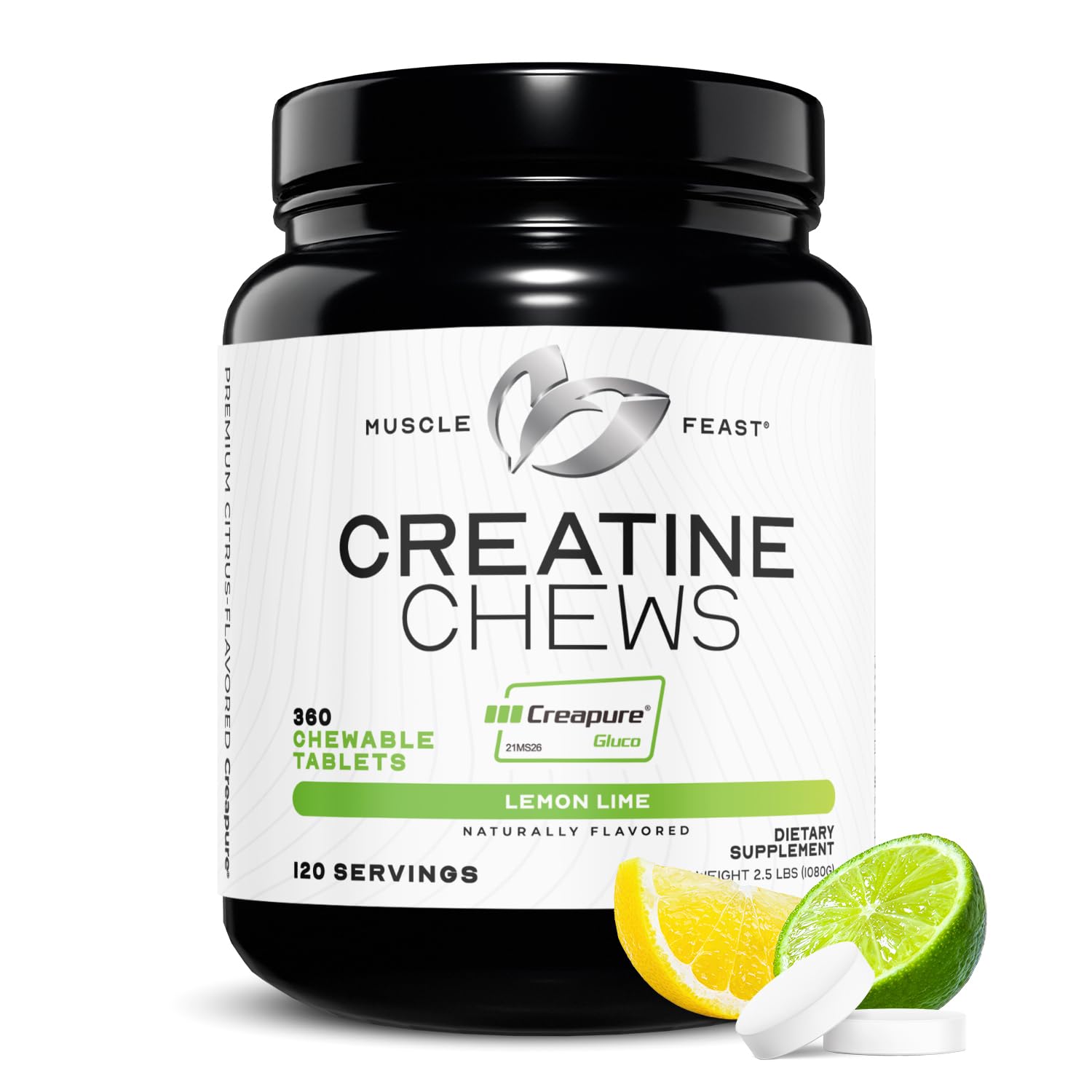 Muscle Feast Creatine Monohydrate Chewables bottle close-up shows Creapure purity for workouts.