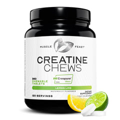 Muscle Feast Creatine Monohydrate Chewables bottle close-up shows Creapure purity for workouts.