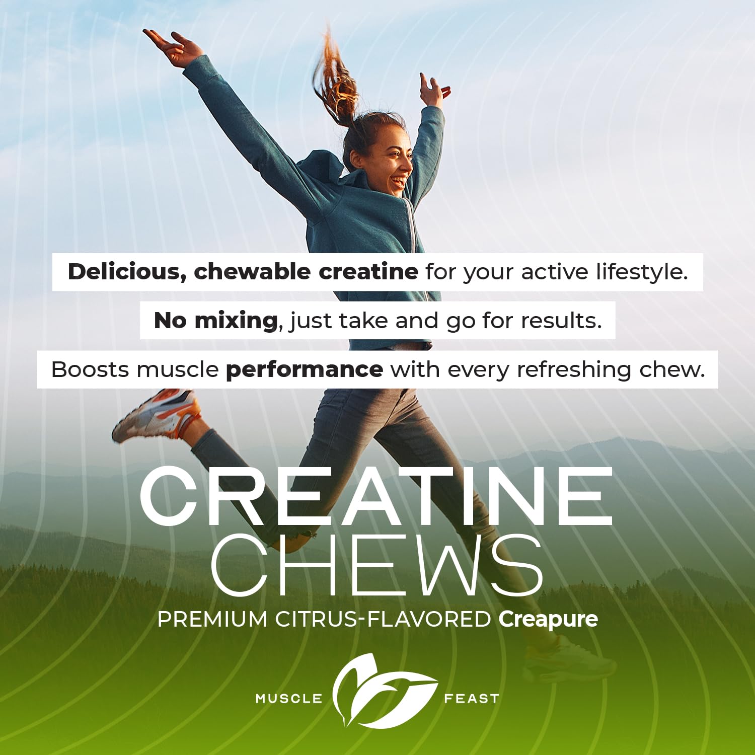 Muscle Feast Creatine Monohydrate Chewables shown in gym setup during a training session.