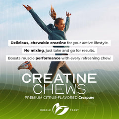 Muscle Feast Creatine Monohydrate Chewables shown in gym setup during a training session.