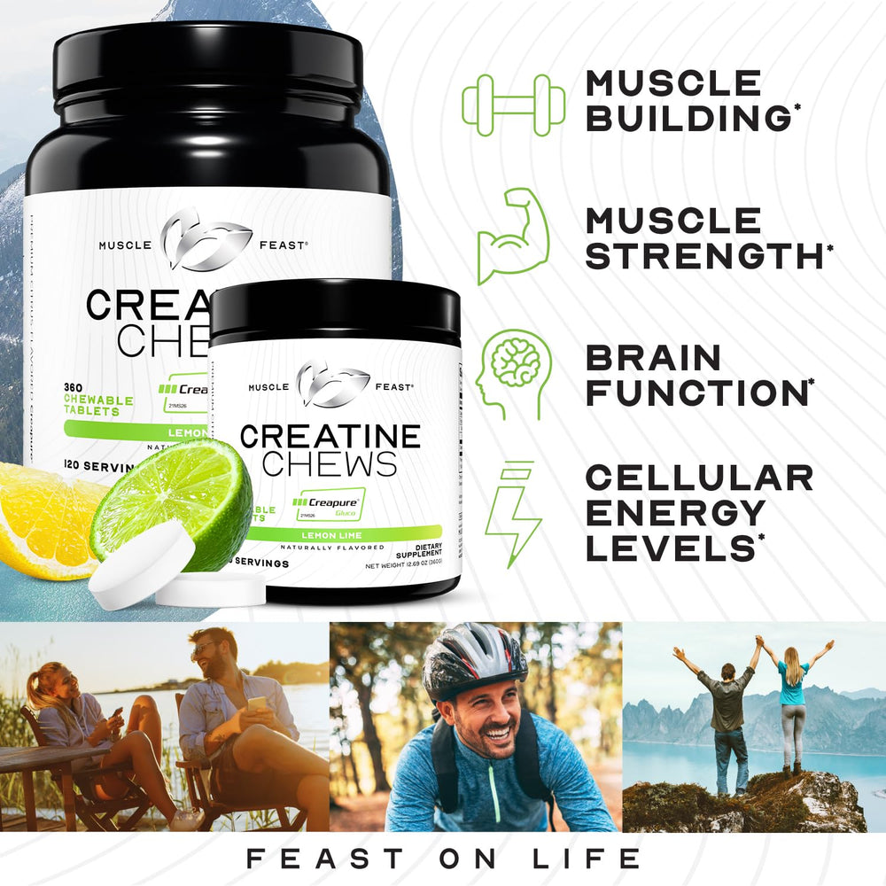 Muscle Feast Creatine Monohydrate Chewables label close-up highlighting Creapure purity.