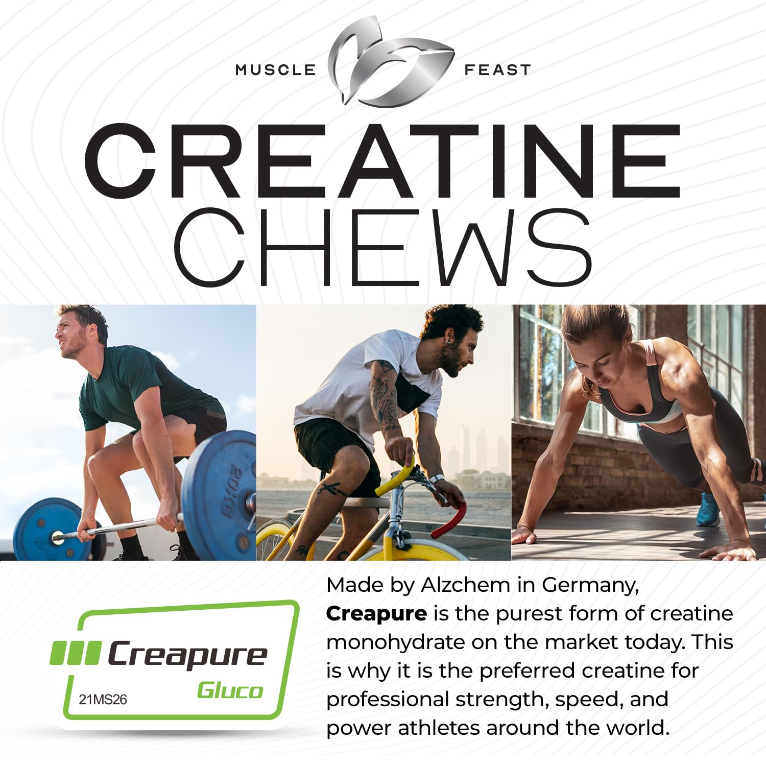Muscle Feast Creatine Monohydrate Chewables on hand highlight lemon lime flavor for quick fueling.