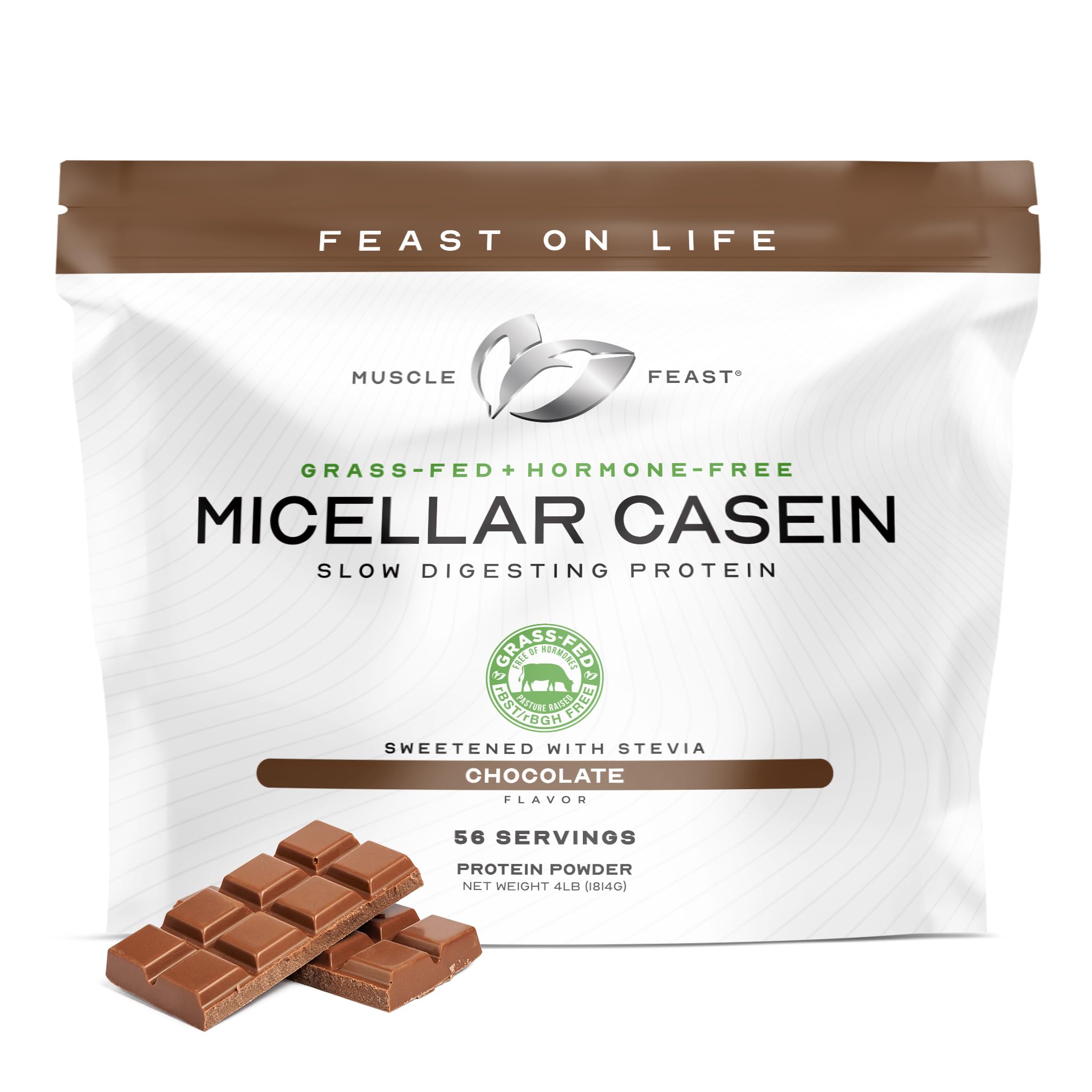 Muscle Feast micellar casein chocolate front label highlights pasture-raised quality for slow release