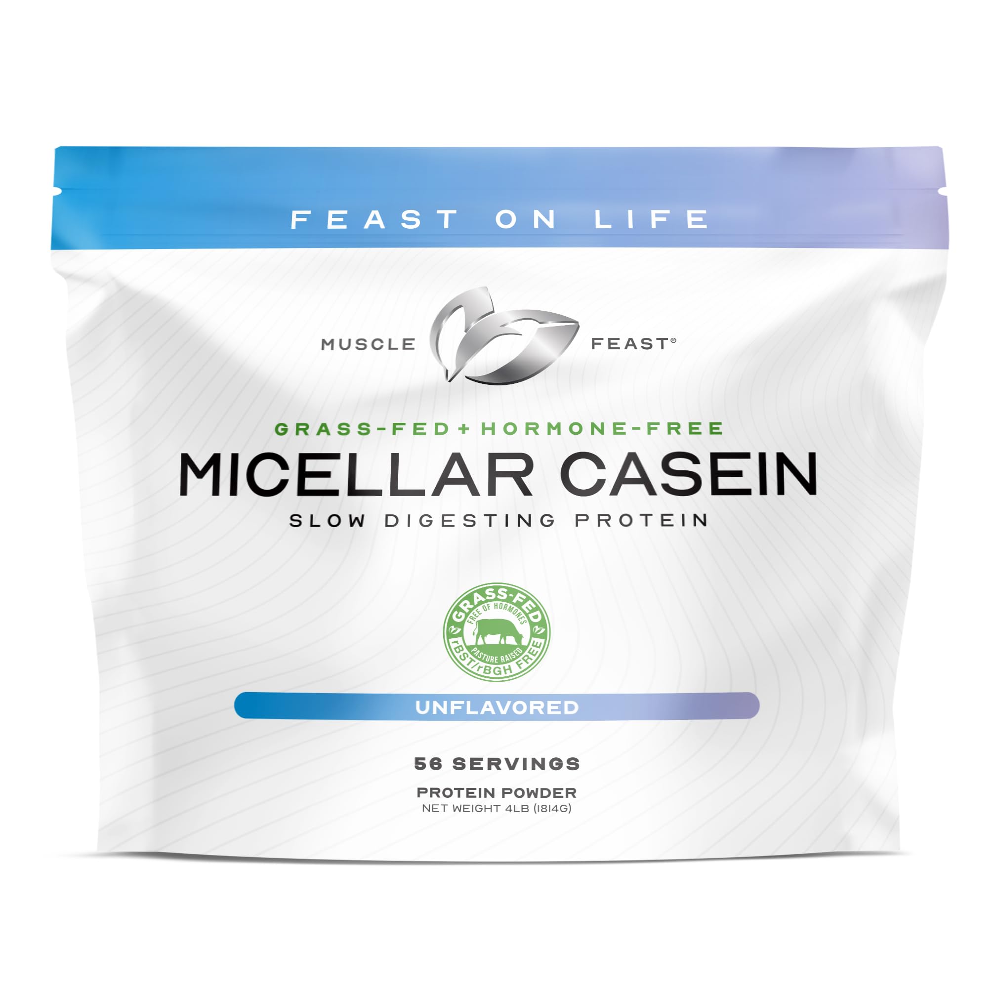 Muscle Feast grass-fed micellar casein powder in scoop with natural color packaging, creamy shake potential