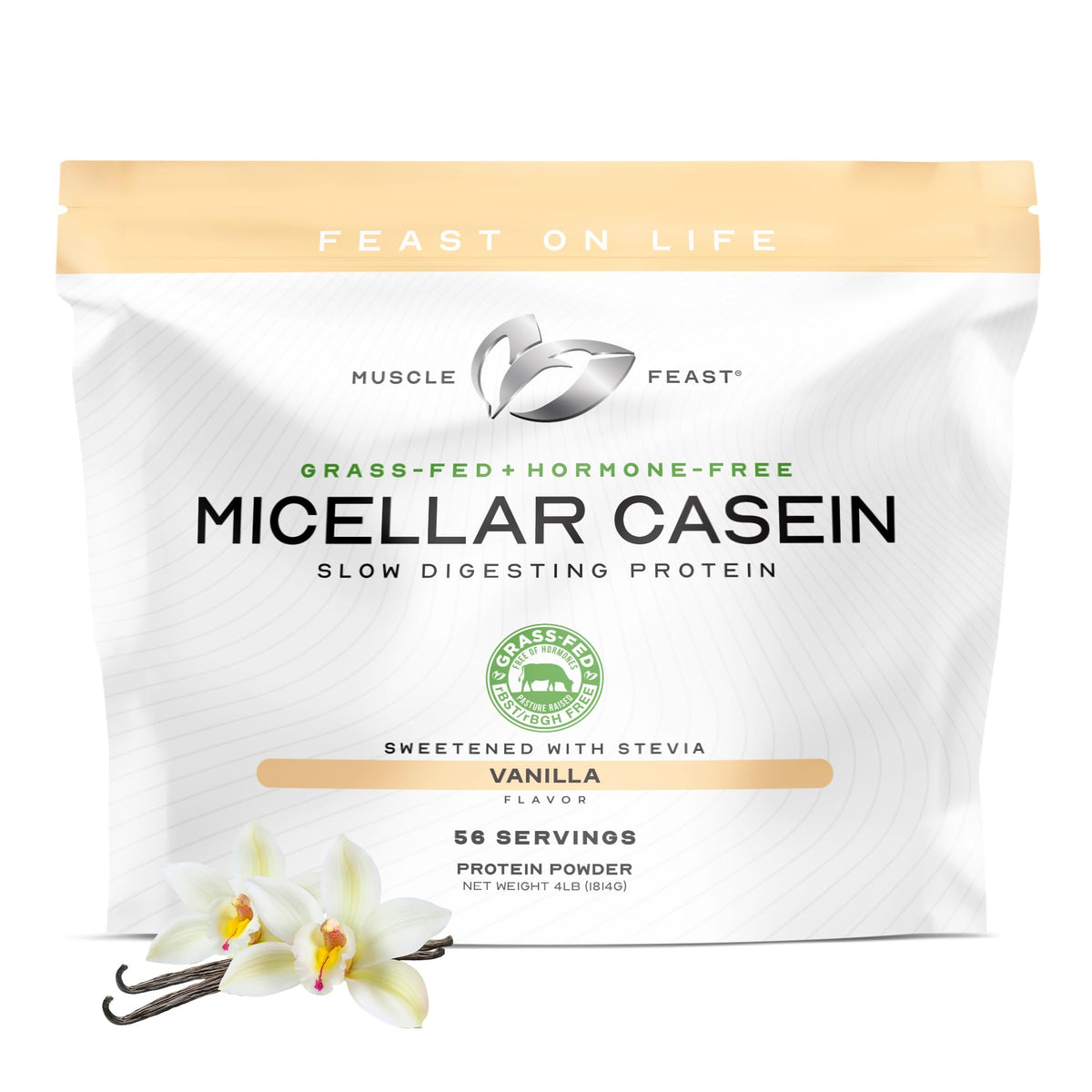 Muscle Feast grass-fed micellar casein powder pour for overnight recovery