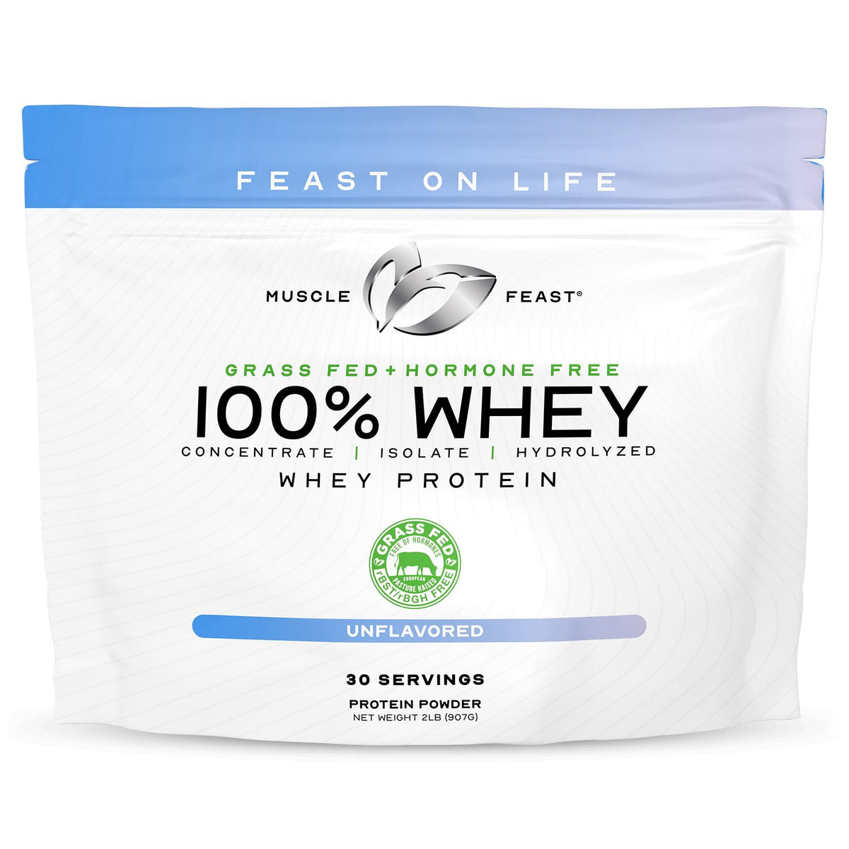 Muscle Feast grass-fed whey bottle highlights natural protein for daily workouts.